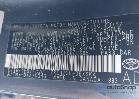 2017 Toyota Corolla Se из США, поврежденный, VIN 2T1BURHE9HC888685